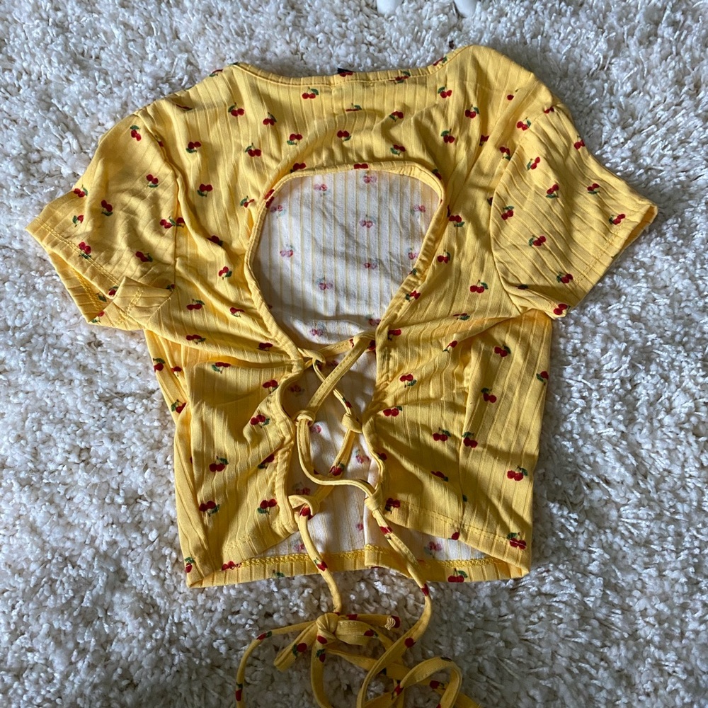 Cute mini cherry yellow tie up summer crop top belly shirt w ties around… - Picture 3 of 3